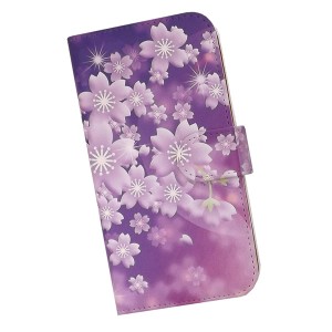 AQUOS sense2 SH-01L/SHV43/SH-M08 スマホケース 手帳型 プリントケース 桜 パープル 花柄(smt-030)