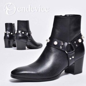 endevice 25〜27cm ブーツ メンズ 革靴 サイドジップ リング パール ベルト 装飾 取り外し可能 ショートブーツ ショート丈 チャック ファ