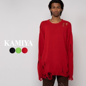 KAMIYA ニットトップス Distressed Knit Pullover ロング丈 オーバーサイズ トップス 長袖 かっこいい ストリート アメカジ モード マニ