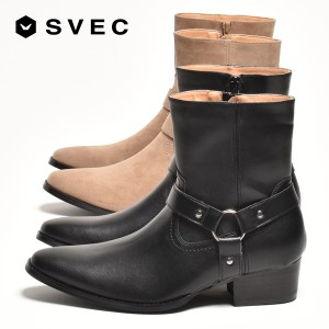 SVEC 25~27.5cm ショートブーツ メンズ リングブーツ サイドジップ ブラック ベージュ スエード 黒 茶色 靴 ブーツ リングベルト おしゃ