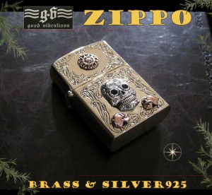 good vibrations(GV)ZIPPOライター メキシカンスカルと太陽  メイン 金色 真鍮製(ブラス製) シルバー925製銀 ドクロ スカルG送料無料