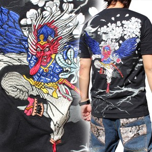 和柄tシャツ【T211-6】【全国送料290円】和柄刺繍半袖Tシャツ 天狗!! 和柄シャツ 和柄ポロシャツ 和柄ファッション絡繰魂和柄メンズ