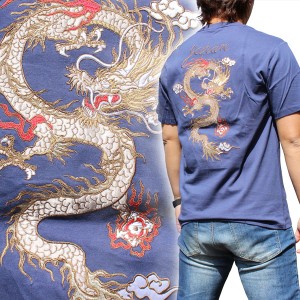 和柄tシャツ 和柄半袖刺繍Tシャツ!!【全国送料無料】龍【YH22103NAVY】和柄 Tシャツ絡繰魂特攻服和柄メンズ