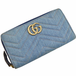 グッチ GUCCI ラウンドファスナー長財布 ＧＧマーモント  ブルー系xゴールドカラー デニムx金属素材xフェイクパール  【中古】 - k9735e