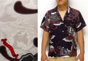 satori[さとり] 跳ね双鯉柄 ハワイアンシルク アロハシャツ/和柄半袖シャツ/GSS-401/送料無料