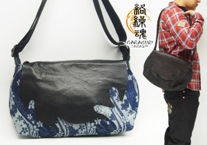 絡繰魂[からくりだましい] 炎レザー 桜流水ジャガード 和柄ショルダーバッグ/BAG/鞄/264710/送料無料