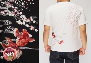 花旅楽団[ハナタビガクダン] 桜と金魚鉢刺繍 和柄Tシャツ/半袖/ST-802/送料