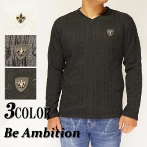 Be Ambition ビーアンビション ワッペン＆ロゴ ジャガード柄 Vネック ロングTシャツ ロンT 長袖 メンズ T29205/送料無料