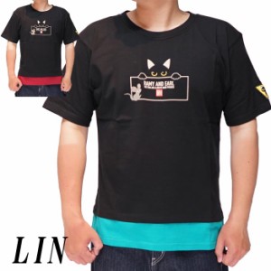 LIN 和柄 Tシャツ メンズ 半袖 黒猫のLamyとネズミのEarl ラミ＆アール ロゴレイヤード 参丸一 AL-75070 送料無料