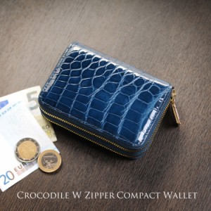 クロコダイル Wファスナー ミニ財布 メンズ ラウンドファスナー コンパクト 財布 シャイニング 加工 全16色 キャッシュレス ゴールド金具
