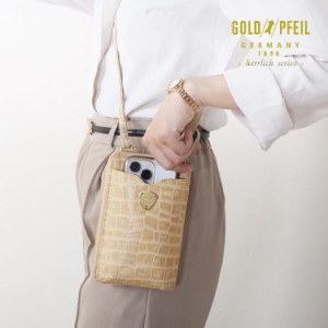 スマホポーチ スマホショルダー レディース  GOLD PFEIL ブランド レザー クロコ 型押し 牛革 本革 おしゃれ お財布ショルダー お財布ポ