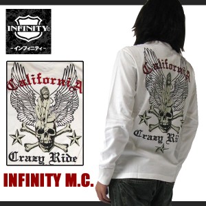 INFINITY M.C. SKULL WING ＆PINUP GIRL プリント入り長袖Tシャツ ホワイト  BI-9214 