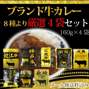 ブランド牛のビーフカレー8種より厳選4種セット (1人前160g × 4袋) 中辛 松坂牛 近江牛 宮崎黒毛和牛 神戸牛　他4種　計8種　メール便送