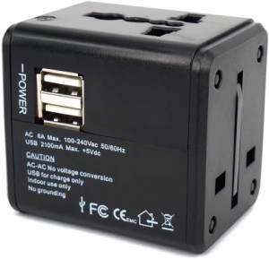 USB充電器 海外 旅行 変換プラグ （A・O・BF・C） 2USBポート付 コンセント 100-240V 2.0A 世界中200ケ以上の国通用 P-004
