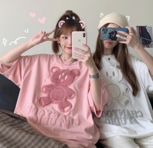 即納　ハート＆ベアー　CUTE　立体　アップリケ　ゆったり　Ｔシャツ　トップス　ダンス