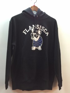 【古着】【FLANSISCA】　フランシスカ　プルオーバーパーカー　カレッジ系プリント　サイズL　ブラック　メンズ　古着　セレクト／トップ