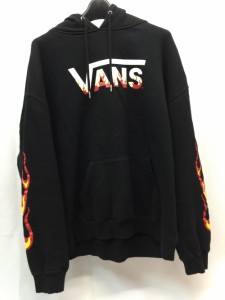 【古着】【VANS】　バンズ　プルオーバーパーカー　サイズL　ブラック　ロゴ　ファイヤーパターン　袖プリント　メンズ　古着　アメカジ 