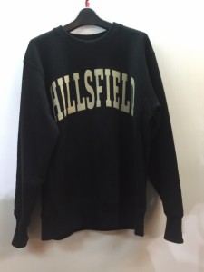 【古着】【HILLS FIELD】　ヒルズフィールド　カレッジスウェット　サイズM　ブラック　イエローロゴ　伊豆のぬし釣り　メンズ　古着　ア