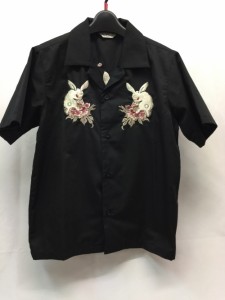 【古着】【CHIKIRIYA】　チキリヤ　刺繍開襟シャツ　オープンシャツ　サイズS　ブラック　背中刺繍あり　薄手　ポリエステル　レーヨン　