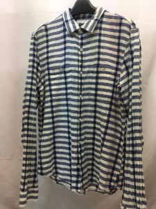 【古着】【ARMANI　EXCHANGE】　ボーダー長袖ボタンシャツ　サイズM　白×青　メンズ　古着　インポート／トップス【中古】[☆3][12251-2