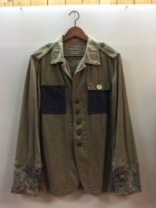 【古着】JACKROSE ジャックローズ　ミリタリージャケット　カーキ　袖花柄　デニムポケット　ワークシャツ　メンズ　アウター　サイズ4　