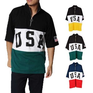 Tシャツ カットソー ハーフジップ スタンドカラー 半袖 USA ロゴ トリコロールカラー 星条旗 ワッペン トップス メンズ SALE セール