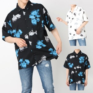 シャツ ビッグシャツ オーバーサイズ 総柄 花柄 バラ 半袖 夏 カジュアル トップス ユニセックス メンズ  ホワイト ブラック SALE セール