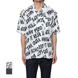 シャツ 開襟シャツ 半袖 オープンカラーシャツ カジュアルシャツ 総柄 ロゴ 英字 トップス メンズ オフホワイト ブラック SALE セール