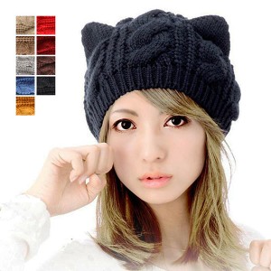 ニット帽 ニットキャップ 猫耳 ねこ耳 ケーブル編み 帽子 キャップ 伸縮性あり 小物 レディース ブラック SALE セール