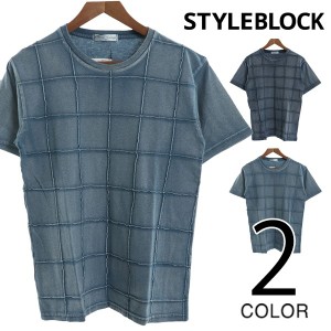 Tシャツ カットソー クルーネック 半袖 インディゴ染め 綿100% ピンタック トップス メンズ ネイビー ブルー SALE セール