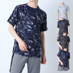 Ｔシャツ カットソー ドライ 半袖 総柄 スポーツ トレーニングウェア クルーネック おしゃれ 夏 トップス ユニセックス トップス メンズ 