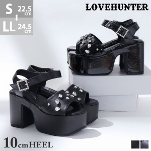 サンダル レディース アンクルストラップ 厚底 10cmヒール ビジュー キラキラ クッション No.1687 22.5cm-24.5cm 黒 LOVEHUNTER ラブハン