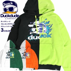 DUCK DUDE パーカー ダックデュード 2021AW ブロッキング スウェットパーカー 切替 配色 アヒル プリント メンズ スエット 裏起毛 フーデ