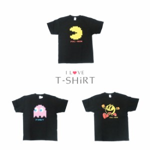 Tシャツ 半袖 レディース クルーネック パックマン ビットマップ ブラック PAC-MAN ゲーム 名作 キャラクター プリント トップス カット