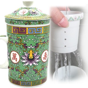 景徳鎮茶漉し付きマグカップ萬壽・緑｜食器,中国,茶器,テーブルウェア,中国茶,蓋,碗,中華街,家具・アジアン,レトロ,雑貨,昭和,お土産,ギ