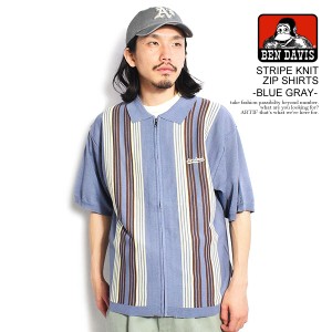 30％OFF SALE セール BEN DAVIS ベンデイビス STRIPE KNIT ZIP SHIRTS -BLUE GRAY- メンズ シャツ ニットシャツ 半袖 ストライプ atftps