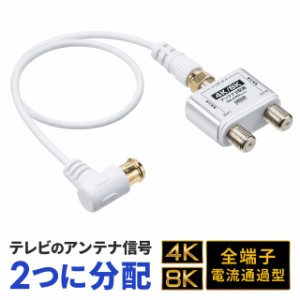 アンテナ分配器 4K対応 8K対応 BS/CS/地デジ/CATV対応 2分配器 入力ケーブル付き ケーブル長0.3m[500-AT005-IN03]