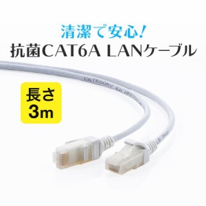 抗菌 LANケーブル Cat6A 3m スリム 細径3.6m より線 ツメ折れ防止 ホワイト[500-LAN6AKK-03]