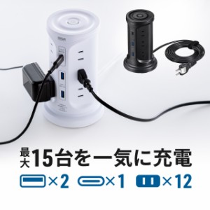 タワー型電源タップ タワータップ USB充電対応 タイプC搭載 12個口 2m ブラック ホワイト[700-TAP075]