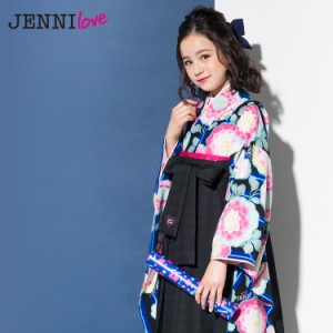 【7泊8日レンタル】レンタル JENNI love 卒業式 袴 小学生 女の子 小学校「ジュニア卒業式袴レンタルセット 青・黒の縞地にピンク丸菊」 