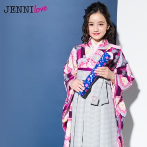 【7泊8日レンタル】レンタル JENNI love 卒業式 袴 小学生 女の子 小学校「ジュニア卒業式袴レンタルセット ピンク・紫の縞地にピンク丸