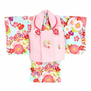 レンタル 女の子 1歳用着物レンタル 「水色地に八重桜とリボン（被布：ピンク）」