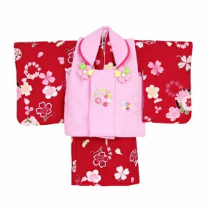 レンタル 女の子 1歳用着物レンタル 「赤地に小鞠・桜にクローバー（被布：ピンク）」