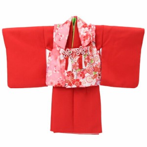 〔za2〕レンタル 女の子 1歳用着物レンタル「赤無地着物にピンク被布（桜と蝶）」