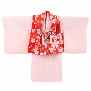 レンタル 女の子 1歳用着物レンタル「ピンク無地着物に赤被布（桜と蝶）」