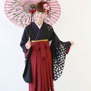 袴 セット 卒業式 レンタル 女 卒業式袴セット2尺袖着物＆袴 フルセットレンタル 黒 ブラック