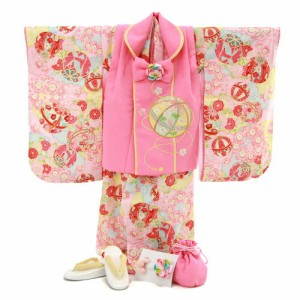七五三 3歳 レンタル 女の子被布着物10点セット「ピンク地に桜と鞠/被布：ピンク」乙葉