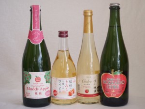 りんご果汁100％ジュースとりんごのお酒4本セット(北海道シードルやや甘口 信州産100%林檎シードル 青森県産りんご100%マディアップルセ