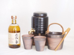 本格焼酎サーバー1000cc(18cm×24cm 1kg)萬古焼ペアカップ氷入れ竹トングセットとうもろこし樽貯蔵焼酎原酒月夜の梟43度（宮崎県） 720ml