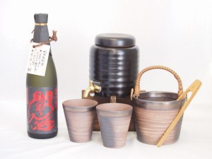 本格焼酎サーバー1000cc(18cm×24cm 1kg)萬古焼ペアカップ氷入れ竹トングセット老松酒造 麦焼酎 全量麹仕込黒閻魔 (大分県) 720ml×1本